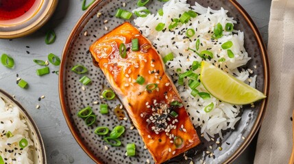 Sticker - Top view of a salmon fillet with a teriyaki glaze, served with jasmine rice.