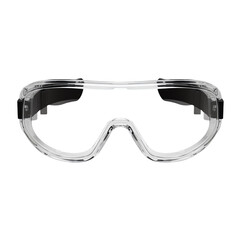 Close-up of transparent protective goggles with black frames, offering clear vision and safety in industrial or scientific environments.