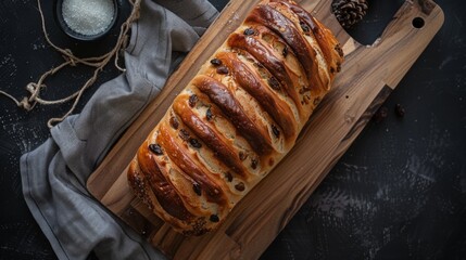 Poster - Top view of a sweet cinnamon raisin bread loaf on a wooden board.