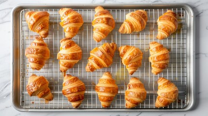 Wall Mural - Top view of freshly baked croissants on a cooling rack.