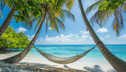 Wall Mural - A tranquil beach scene with a hammock strung between two palm trees over pristine white sand, with azure blue waters and a clear sky in the background.