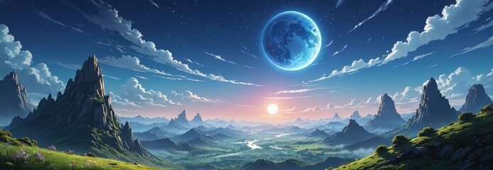 Wall Mural - Fantasy Mountain Landscape with Blue Moon and Sun.