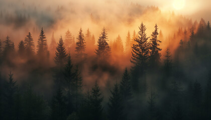 Wall Mural - A breathtaking sunrise over a misty evergreen forest, with early morning light casting a warm, golden glow through the trees.