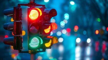 Fototapete - Traffic lights glowing softly in the rain, with blurred lights in the background.