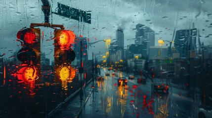 Canvas Print - Traffic lights in the rain with a city skyline in the background, creating a moody atmosphere.