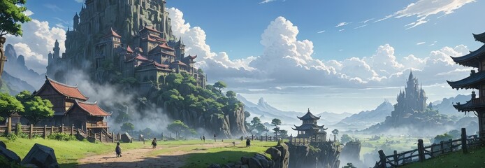 Canvas Print - Fantasy Landscape with Mountaintop City.