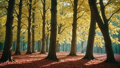 Wall Mural - Sunbeams in the Golden Autumn Forest.