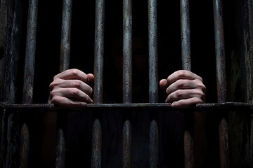 A person's hands holding the bars of their prison cell