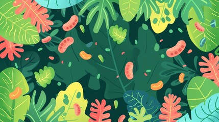 Wall Mural - Bacteria closeup, surrounded by garden flora, falling leaf background, flat design illustration