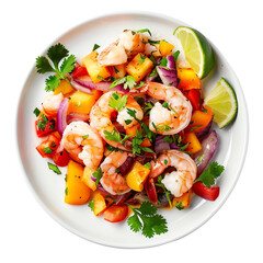 Colorful shrimp salad with mango, red onion, bell pepper, and cilantro, garnished with lime wedges on a white plate., transparent background