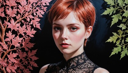 Wall Mural - Portrait of a Woman with Red Hair and Leaves.