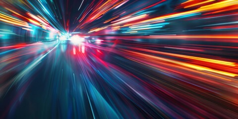 Poster - Capture the cityscape with neon light streaks in fast motion for a surreal visual experience