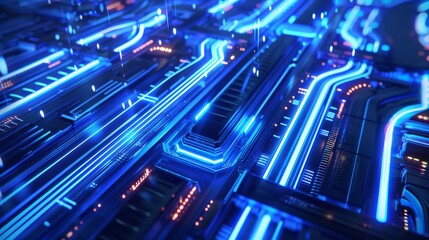 Poster - A futuristic circuit board featuring blue neon lights, creating a mesmerizing visual effect