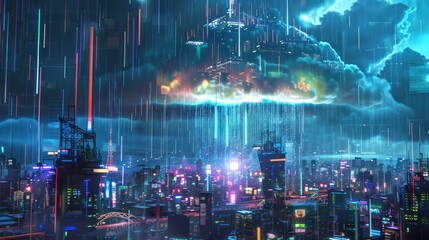 Canvas Print - Cyberpunk Cityscape with Cloud Server