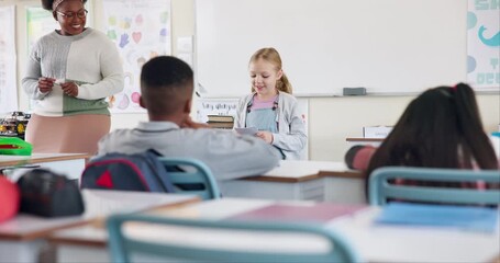 Aufkleber - School, learning and child with presentation in classroom for lesson, education and oral assessment. Teacher, students and kids listen to girl for public speaking, speech development or show and tell