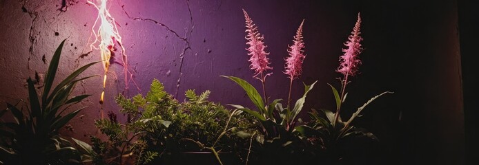 Canvas Print - Pink Flowers Against a Purple Wall.