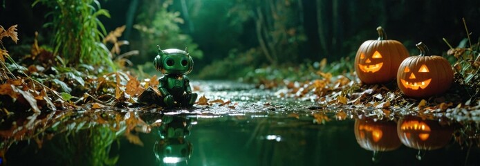 Sticker - Robot and Jack-o'-Lanterns in a Forest Stream.