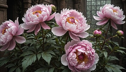 Wall Mural - Pink Peony Flowers in a Garden Setting.