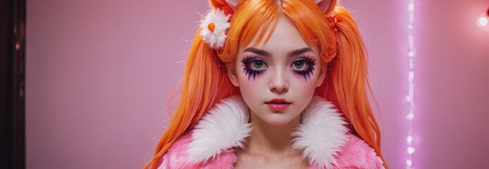 Poster - Portrait of a Young Woman with Orange Hair and Creative Makeup.