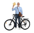 © New Africa - Happy postman with bicycle delivering letters on white background