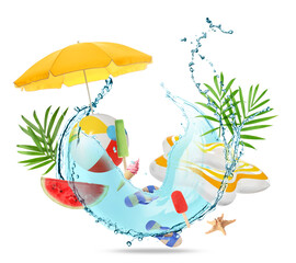 Sticker - Summer creative collage with beach stuff and water splash in air on white background