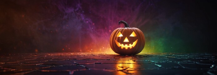 Sticker - Halloween Pumpkin with Glowing Face in Spooky Atmosphere.