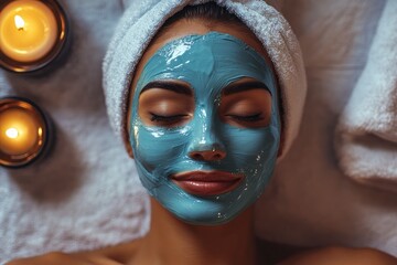 Wall Mural - Woman in mask on face in spa beauty salon, ai