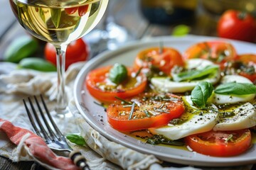 Wall Mural - A plate of food with a glass of wine on a table. Scene is relaxed and enjoyable