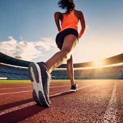 The image shows morning runners' workouts and running shoes, with the stadium and running track, the sun rising, and the setting in the background.