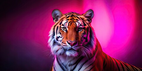 Sticker - Tiger with vibrant pink lights shining on it, tiger, pink, lights, vibrant, nature, wildlife, bright, colorful, concept