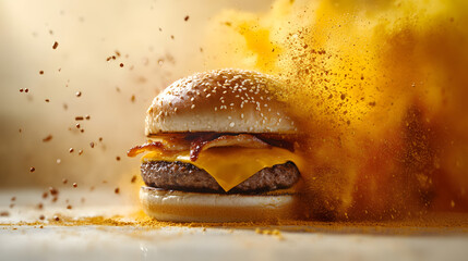 powerful yellow powder explosion, hamburger,