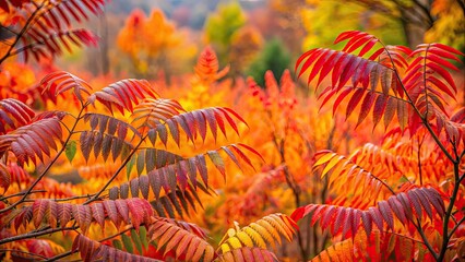 Sticker - Vibrant autumn foliage on sumac trees in a forest , fall colors, vibrant, leaves, autumn, foliage, nature, seasonal, trees, red