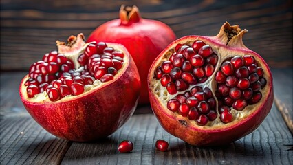 Wall Mural - Pomegranate fruit cut in half showing vibrant red seeds, pomegranate, fruit, halved, vibrant, red, seeds, healthy, fresh