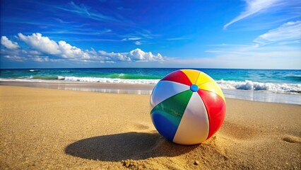 Wall Mural - Colorful beach ball on sandy beach , summer, vacation, fun, inflatable, recreational, accessory, beach toy, stripes, leisure