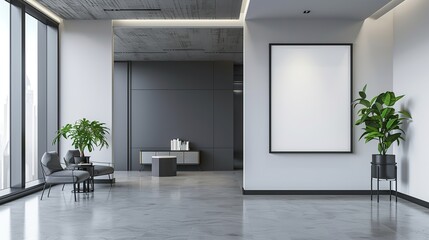 A mockup of a Large empty frame or blank white photo frame on the wall in a modern building office interior background. copy space for text.