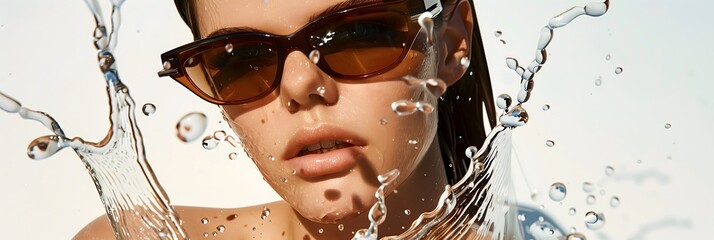 Close up of a woman wearing brown sunglasses, with splashes and drops in front of her face against a white background, 