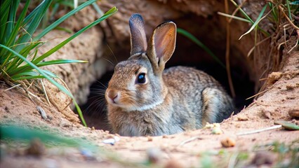 Poster - A cute rabbit taking a break in a cozy burrow , relaxation, animal, fluffy, fur, resting, peaceful, wildlife, mammal