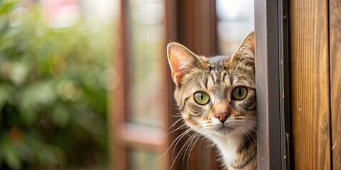 Wall Mural - Cat looking curiously through door , cat, feline, pet, animal, curious, peeking, door, inside, indoor, home, domestic, adorable