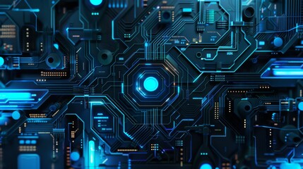 Poster - A futuristic circuit board featuring blue tech elements and digital connections