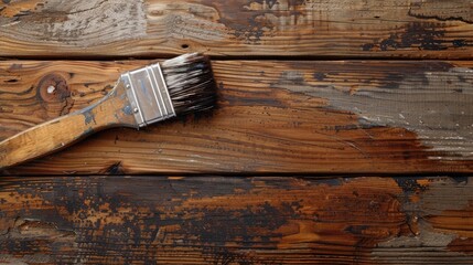 Wall Mural - A paintbrush is on a wooden surface. The brush is old and worn, and the wood is weathered and has a rustic appearance. The scene suggests that someone has been working on a project