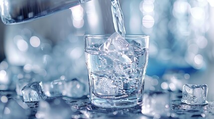 Wall Mural - A glass of water with ice cubes in it is being poured into the glass. Concept of refreshment and hydration, as the ice cubes melt and mix with the water. The scene is simple and straightforward