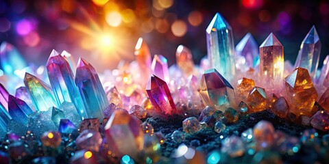 glistening crystals aglow with an array of dazzling, enchanting colors, crystals, glistening, glowin