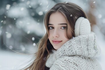 Wall Mural - A woman wearing a white coat and a knit hat. She is smiling and looking at the camera