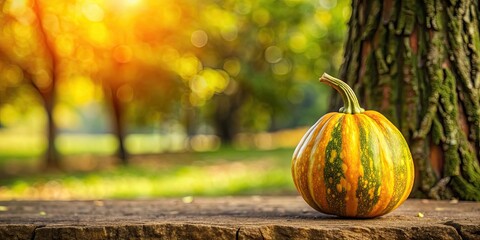 Canvas Print - Isolated gourd in front of tree , autumn, harvest, decoration, nature, organic, seasonal, Thanksgiving, pumpkin, rustic