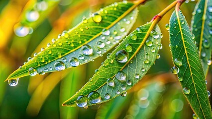 Poster - Fresh raindrops and dew glisten on a vibrant willow leaf, showcasing nature's beauty in a close-up shot, raindrops, dew