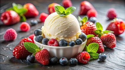 Wall Mural - Delicious scoop of vanilla ice cream topped with fresh berries, ice cream, berries, dessert, sweet, creamy, cold, treat, tasty