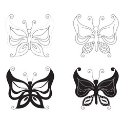 Simple butterflies. Small set in two styles, doodle and silhouette. Vector illustration isolated on white background.