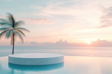 Wall Mural - Podium stand in luxury swimming pool water with sea and sunset view. Summer background of tropical design product placement display. Hotel resort , ai