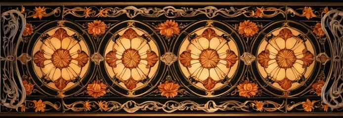 Wall Mural - Art Nouveau Floral Pattern on Black Background.