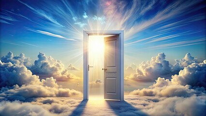 Sticker - A magical door leading to a beautiful sky with fluffy clouds , fantasy, portal, entrance, pathway, celestial, heavenly